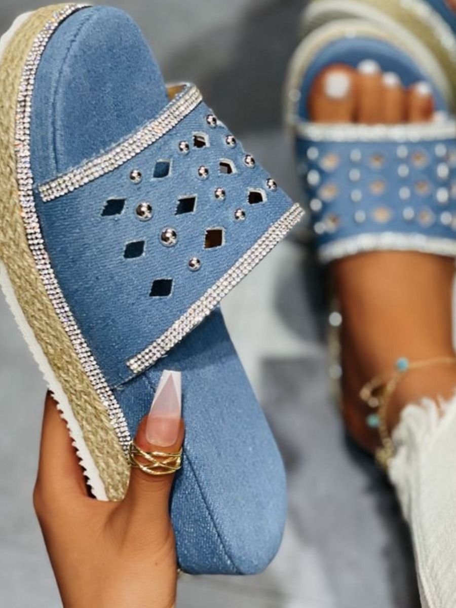 LW Casual Hollow-out Blue Platform Slides
