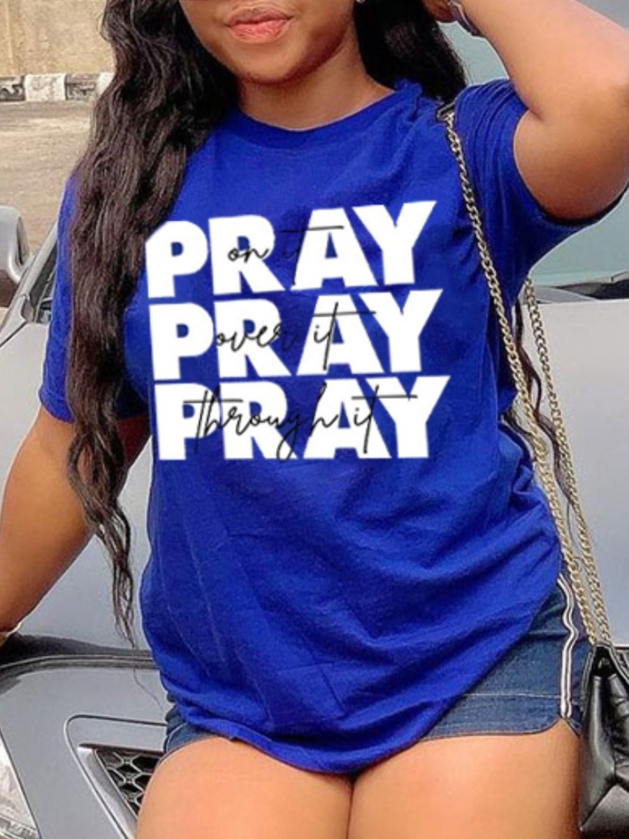 

LW BASICS Plus Size Casual O Neck Letter Print Blue T-shirt
