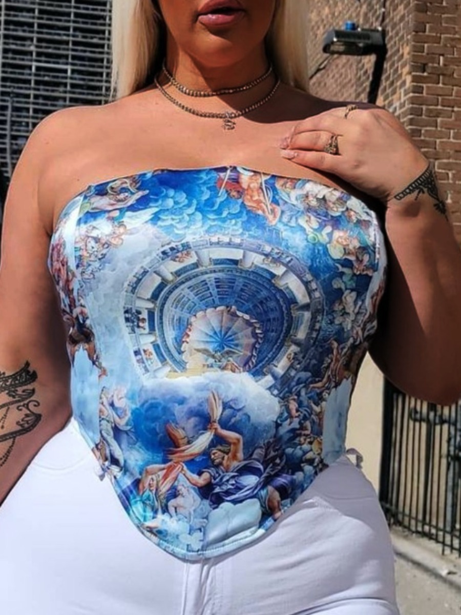

Lovely Plus Size Casual Off The Shoulder Angel Print Blue Camisole