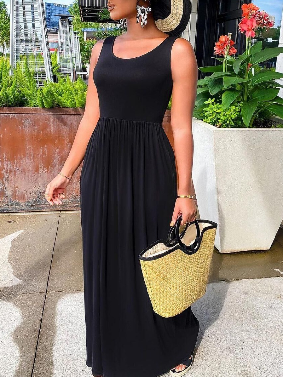 

Lovely Casual O Neck Fold Design Black Floor Length Dress