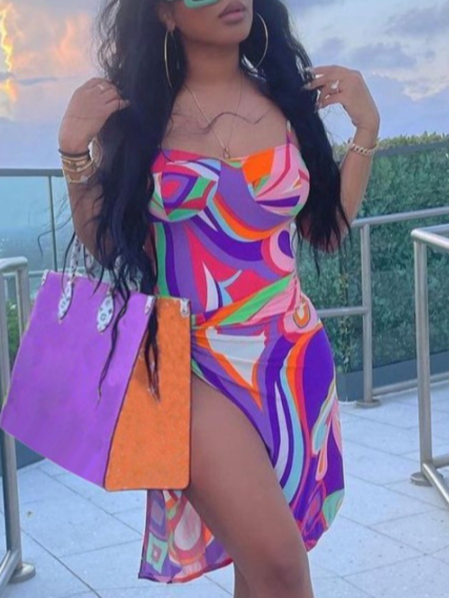 

Lovely Boho Print Patchwork Purple One-piece Swimsuit (With Cover-up)
