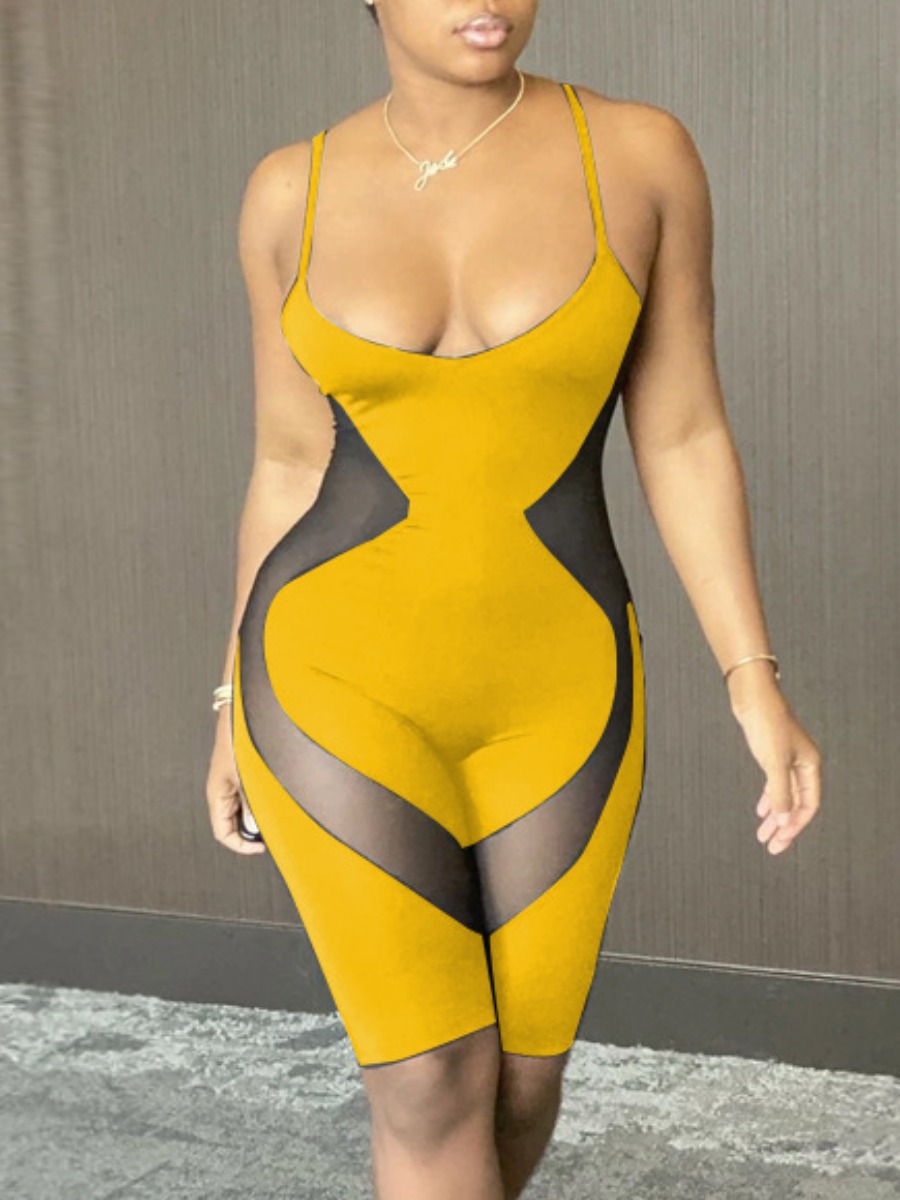 

Lovely Casual See-through Patchwork Yellow One-piece Romper