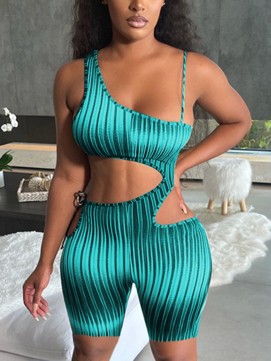 

Lovely Street One Shoulder Striped Hollow-out Blue One-piece Romper