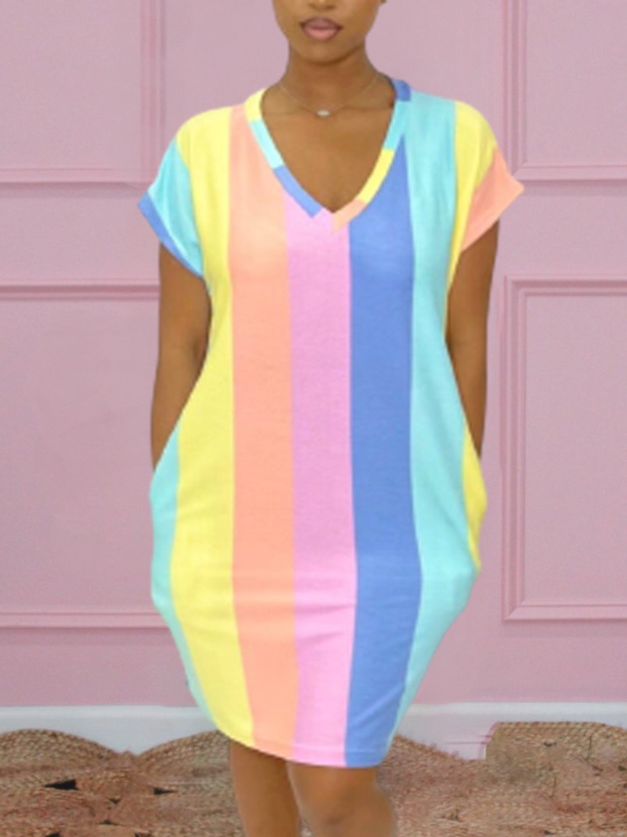 

Lovely Casual V Neck Striped Multicolor Knee Length Dress, Multi