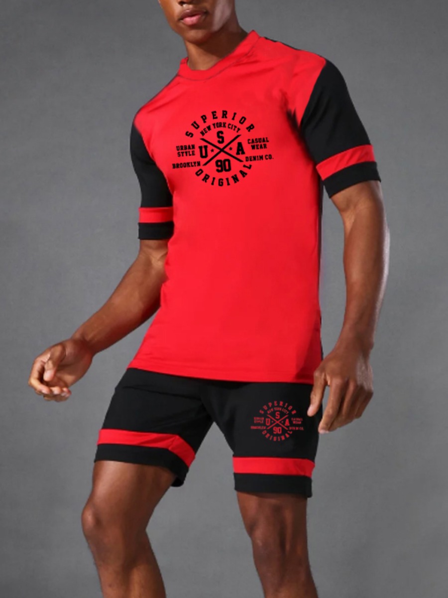 

Lovely Men Casual Color-lump Letter Print Black Active Two Piece Shorts Set