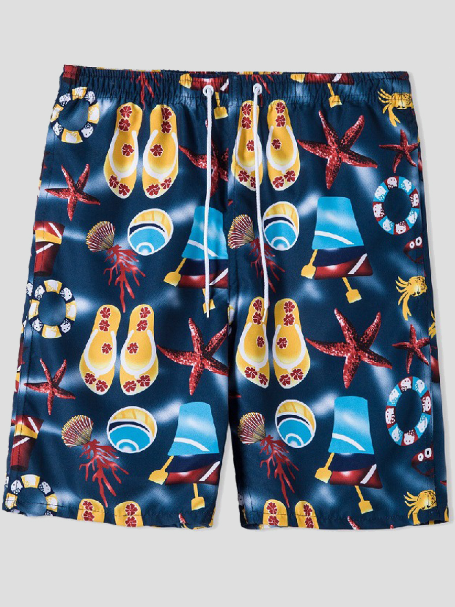 

Lovely Men Boho Sea Animal Print Drawstring Blue Swimming Trunk