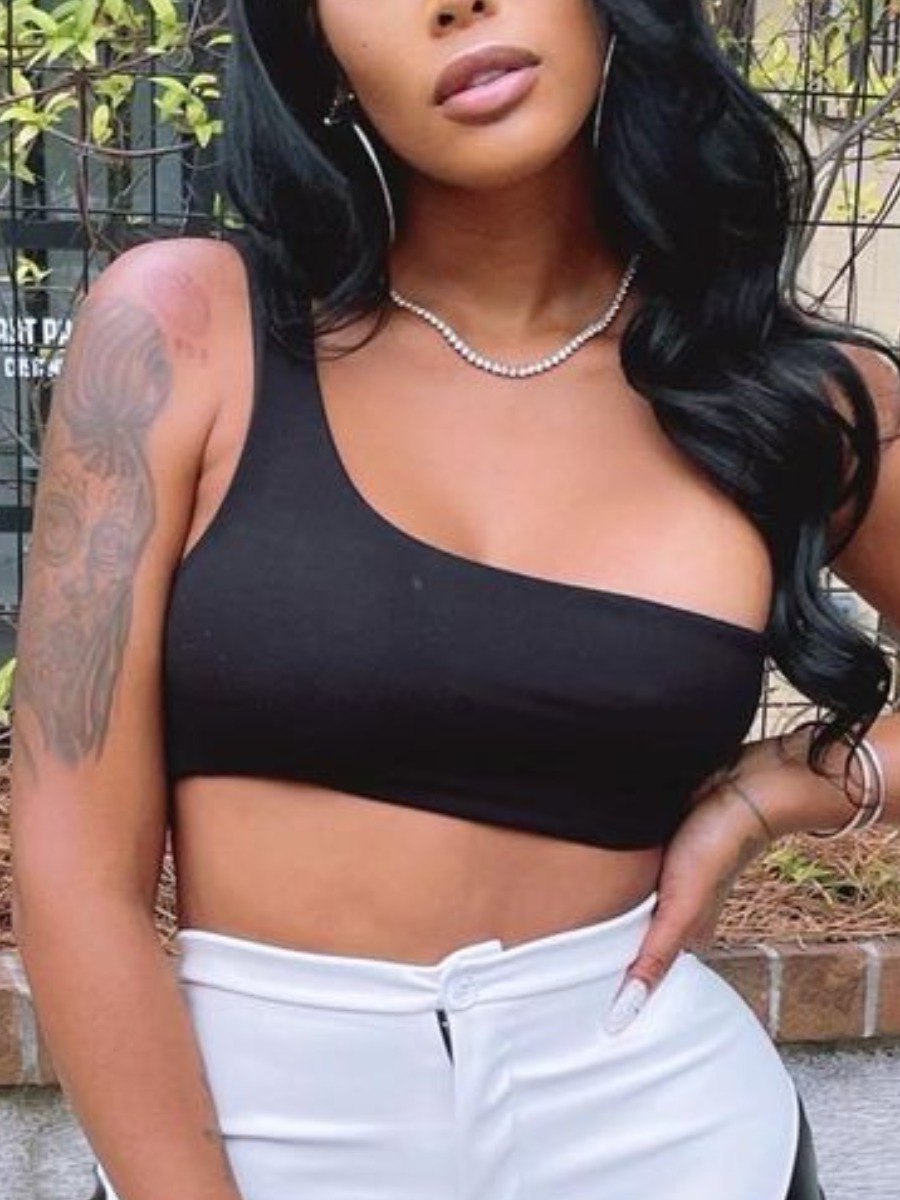 

Lovely Sexy One Shoulder Crop Top Black Camisole