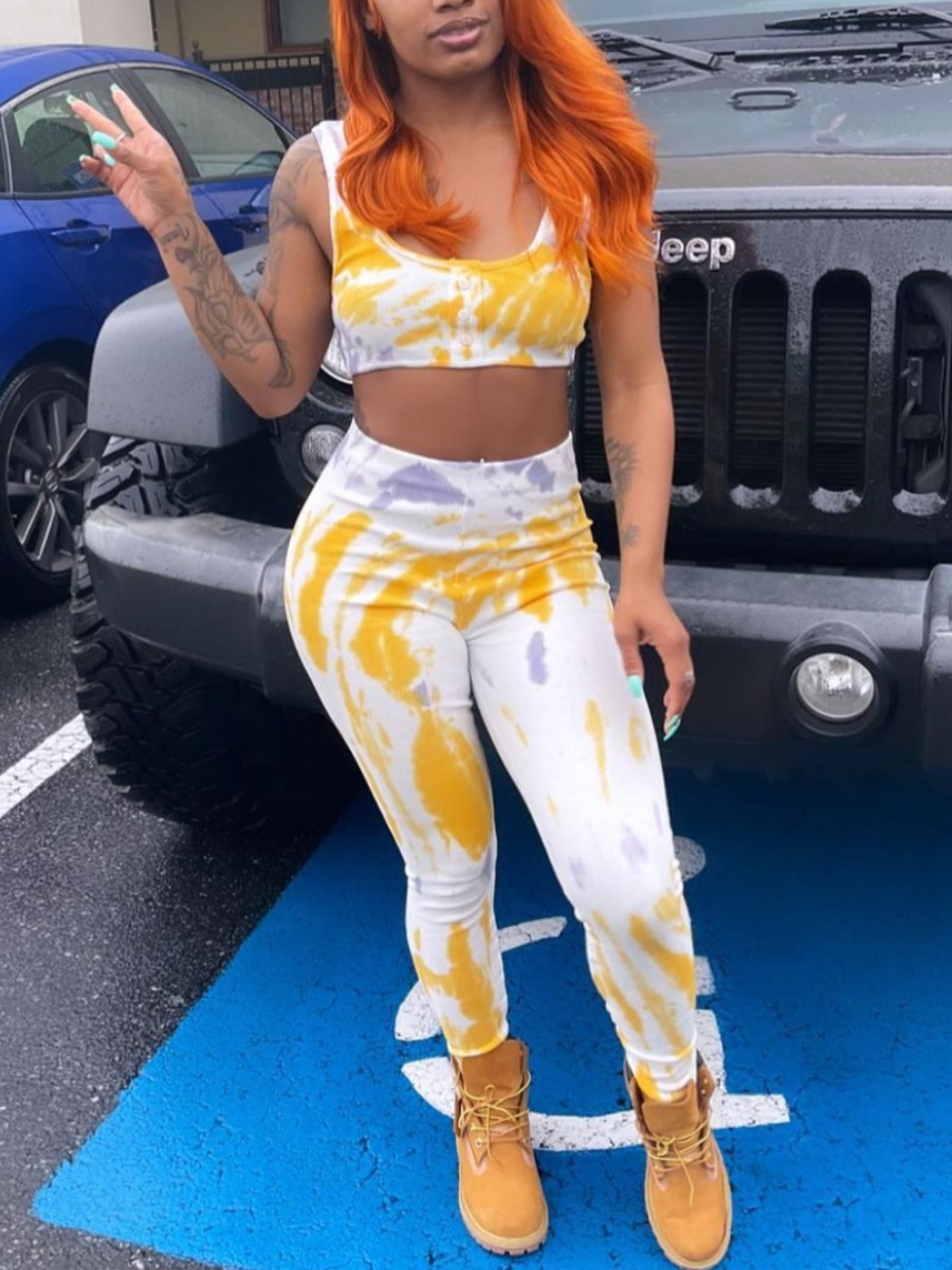 

LW Street U Neck Tie Dye Yellow Two Piece Pants Set