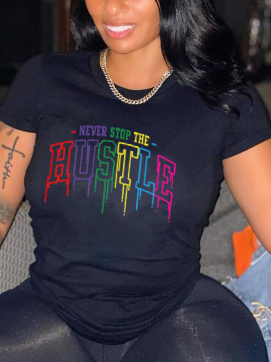 

Lovely Casual O Neck Letter Print Black T-shirt