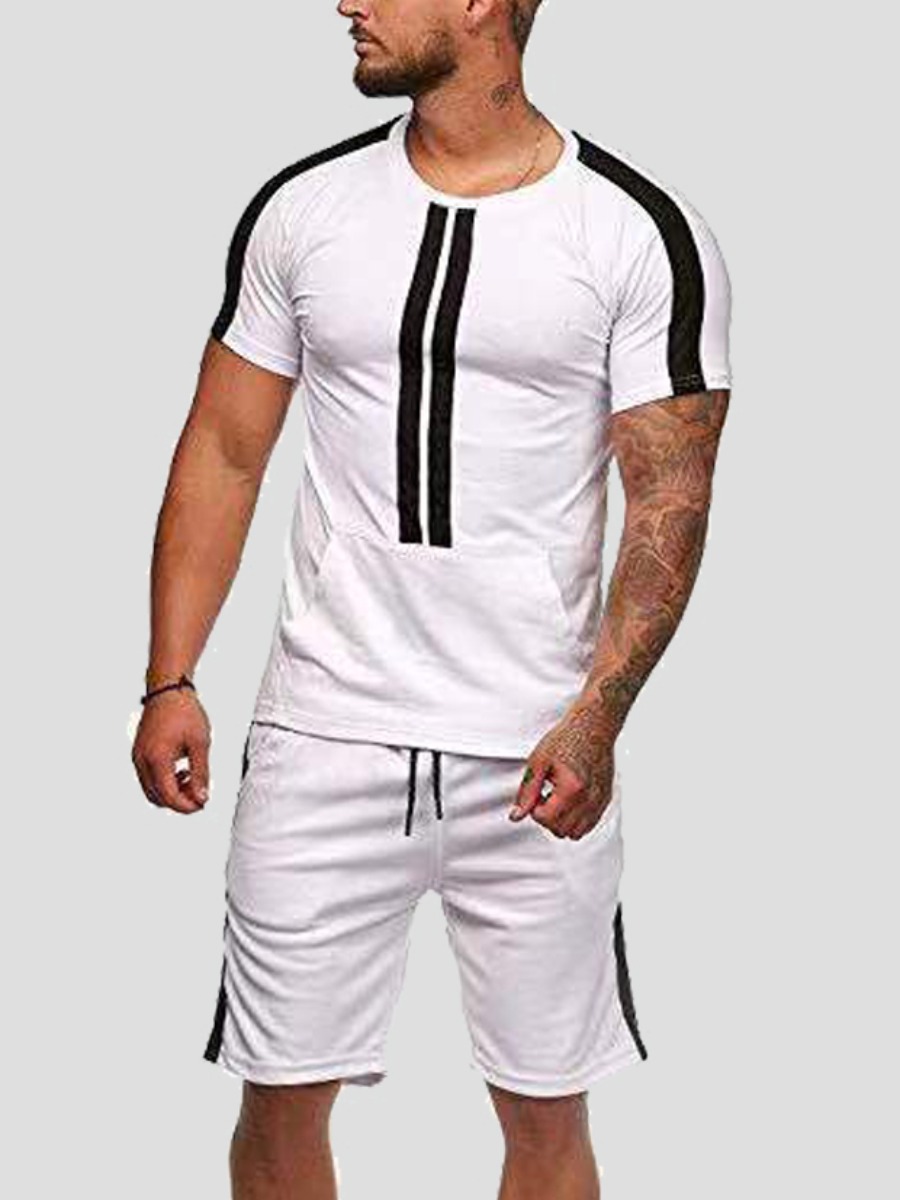 

Lovely Men Sporty Striped Drawstring White Active Two Piece Shorts Set