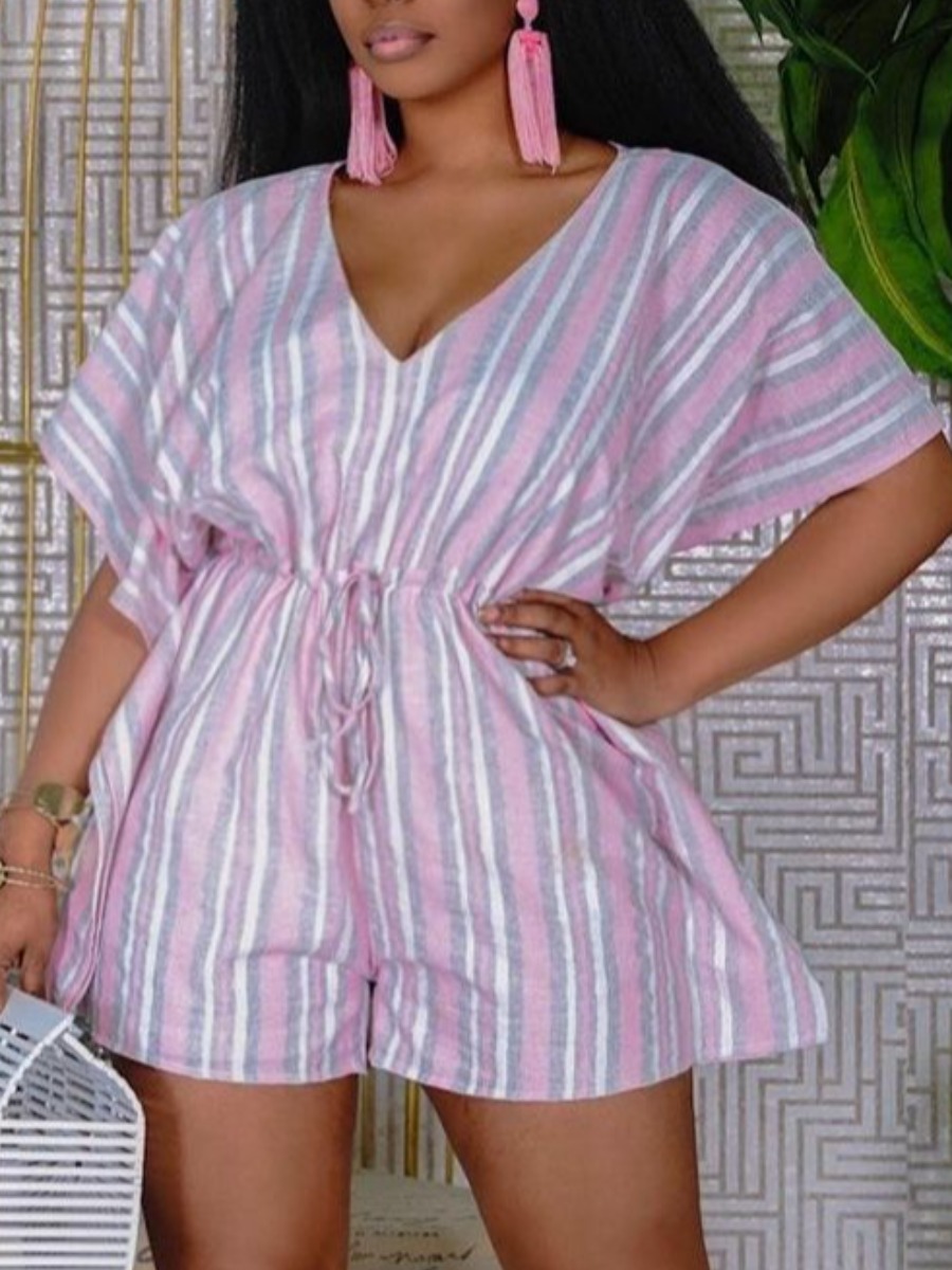 

Lovely Casual Striped Drawstring Pink One-piece Romper