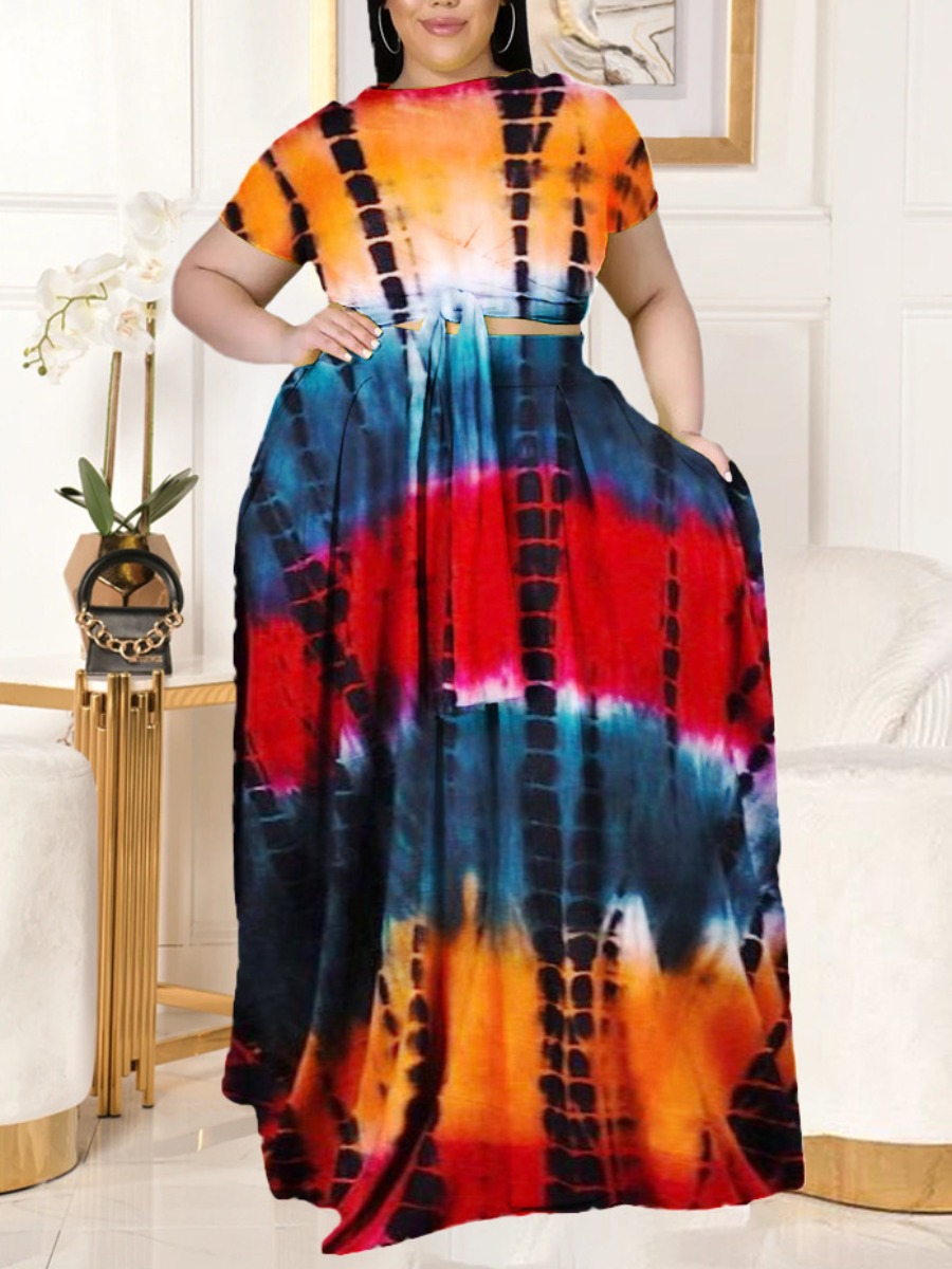 

Lovely Plus Size Boho O Neck Tie-dye Croci Two-piece Skirt Set