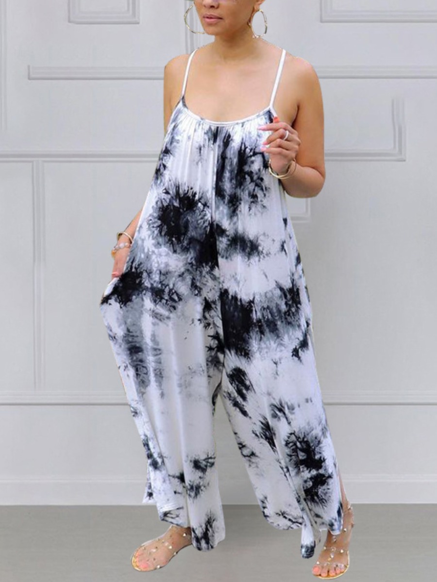 

Lovely Plus Size Casual Spaghetti Strap Tie-dye White One-piece Jumpsuit
