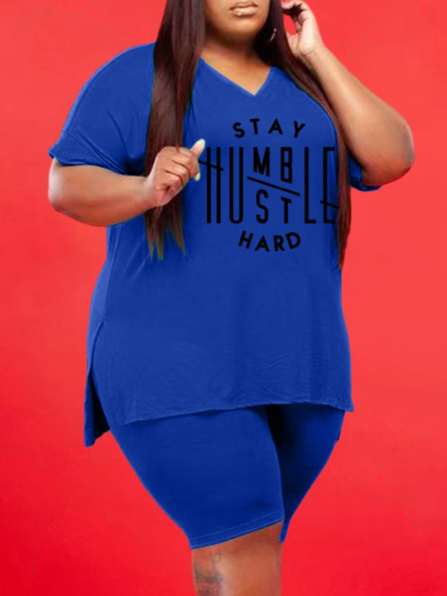 

Lovely Plus Size Casual Letter Print Split Blue Two-piece Shorts Set