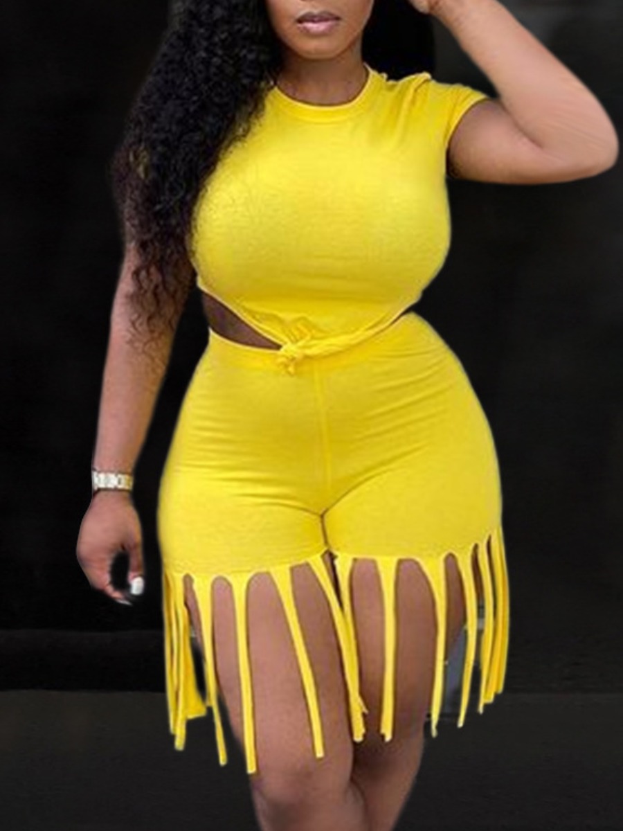 

Lovely Plus Size Casual O Neck Tassel Design Yellow Two-piece Shorts Set