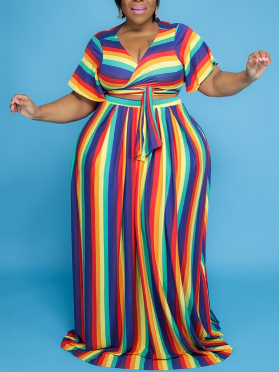 

Lovely Plus Size Boho Striped Bandage Design Multicolor Two-piece Skirt Set, Multi