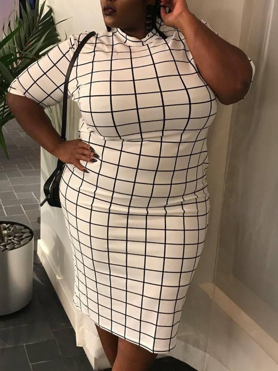 

Lovely Plus Size Casual Half A Turtleneck Plaid Print White Mid Calf Dress
