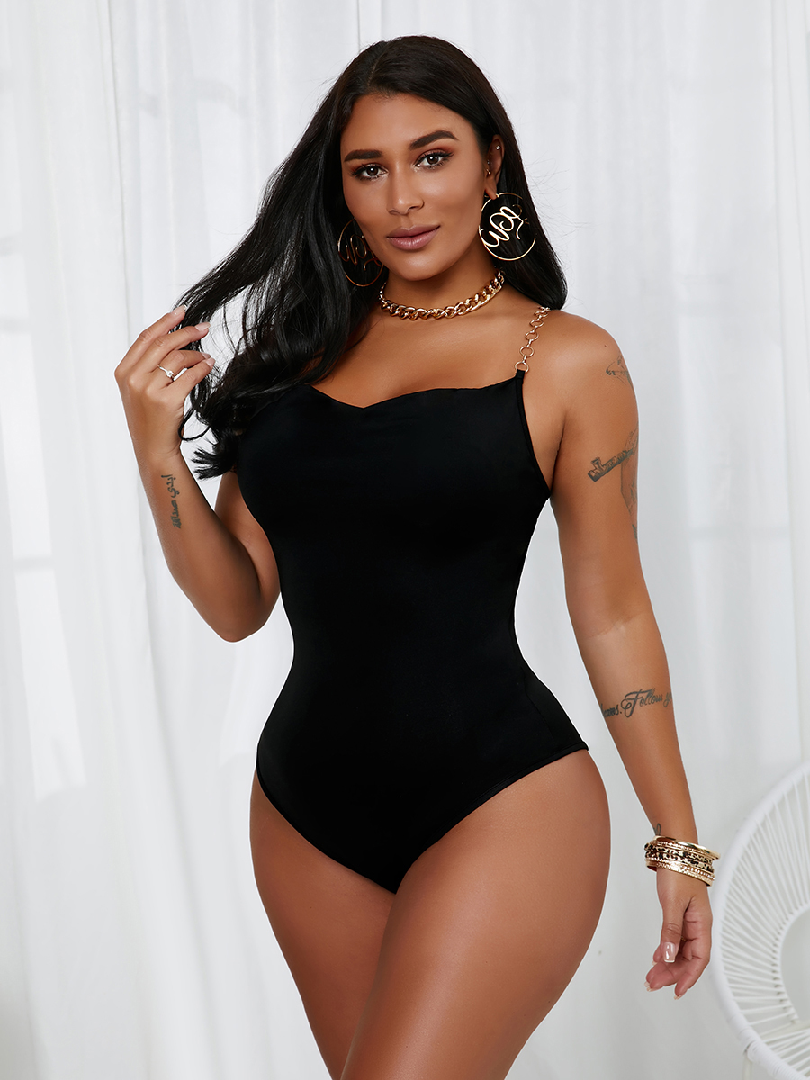 

Lovely Boho Chain Strap Basic Skinny Black Bodysuit