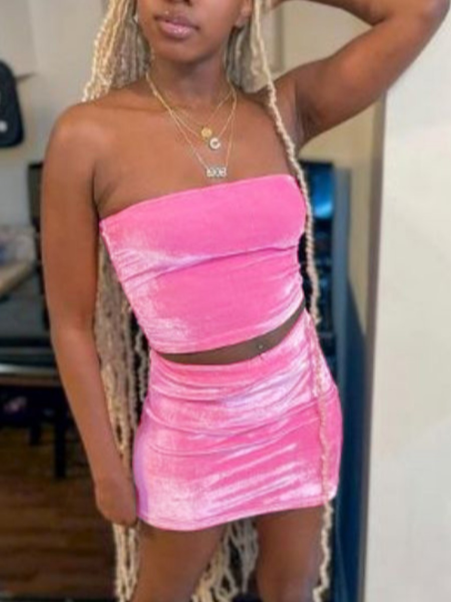 

Lovely Street Off The Shoulder Basic Skinny Pink Two Piece Skirt Set