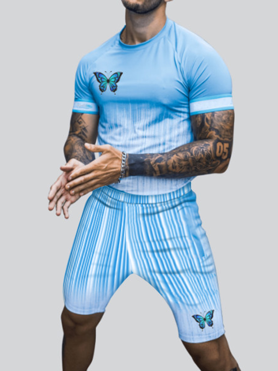 

LW Men Street Gradient Butterfly Print Baby Blue Two Piece Shorts Set