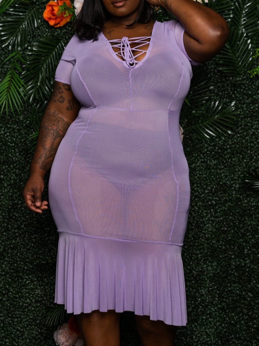 

LW SXY Plus Size See-through Flounce Design Light Purple Mid Calf Dress