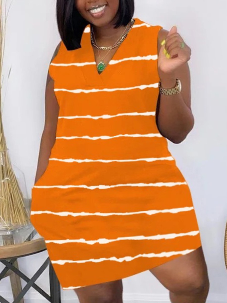 

Lovely Plus Size Casual V Neck Striped Orange Knee Length Dress