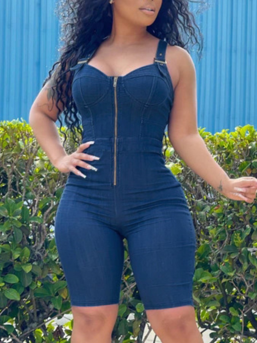 

LW BASICS Casual Buckle Zipper Design Deep Blue One-piece Denim Jumpsuit