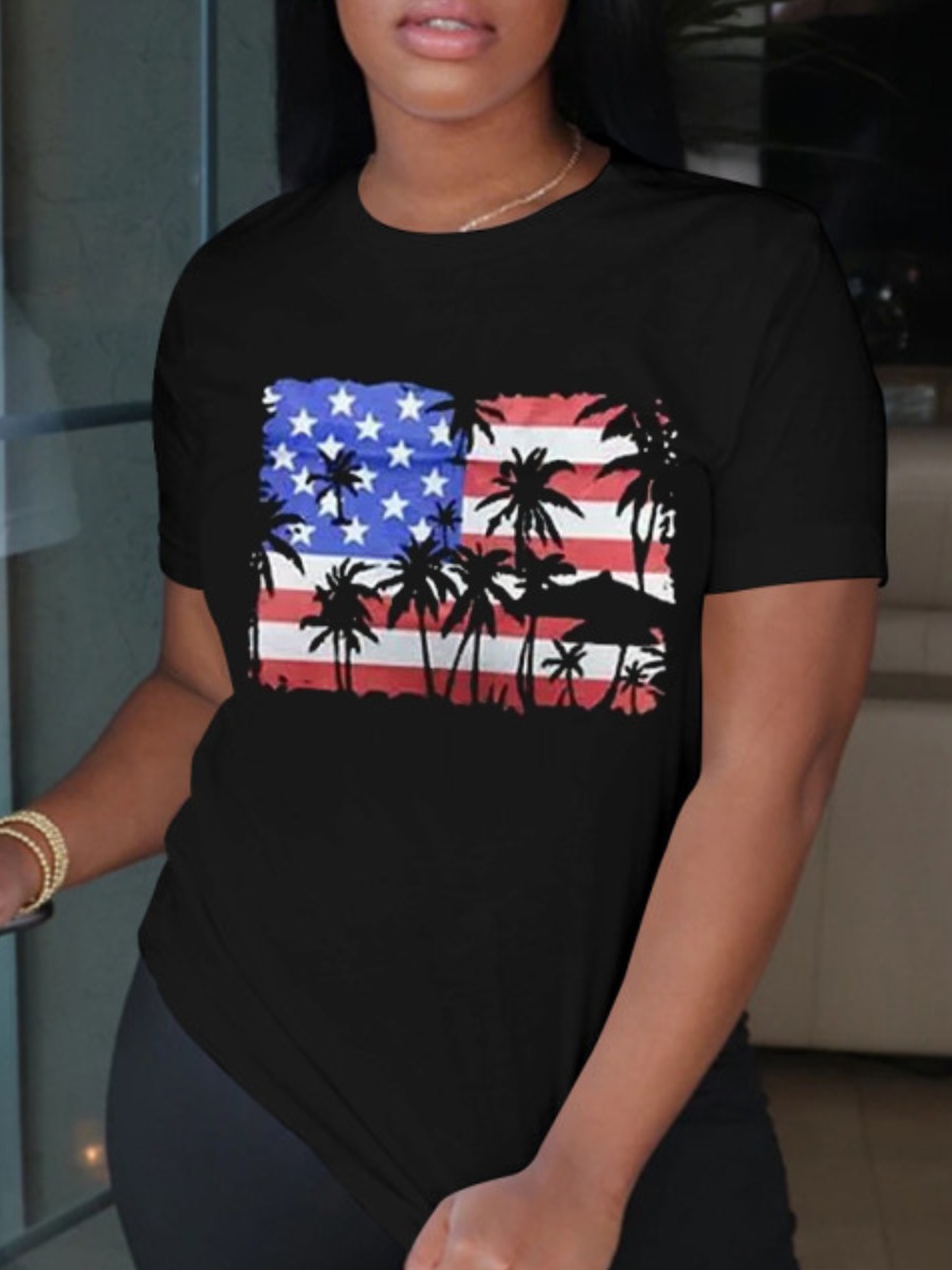 

LW Casual O Neck American Flag Print Black T-shirt