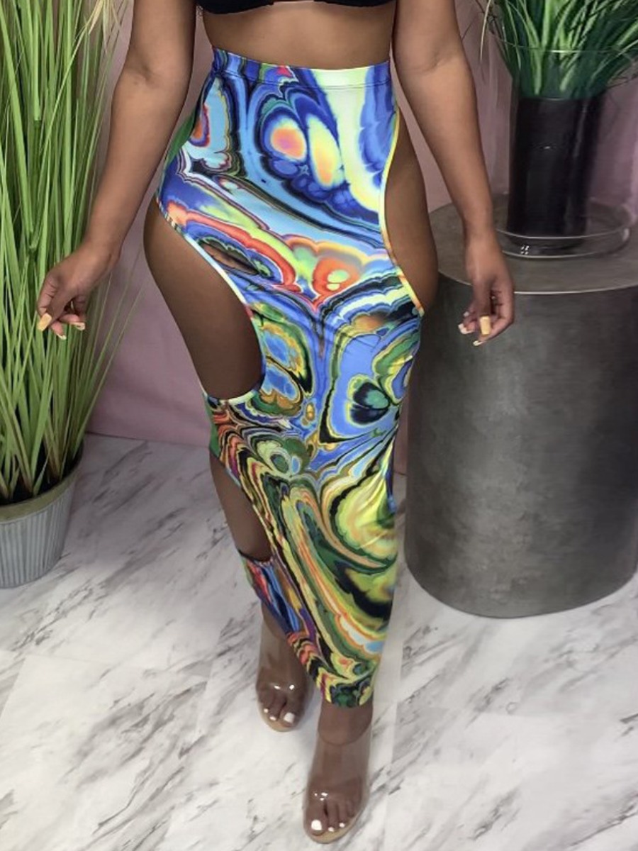 

Lovely Sexy Print Hollow-out Blue Ankle Length Skirt