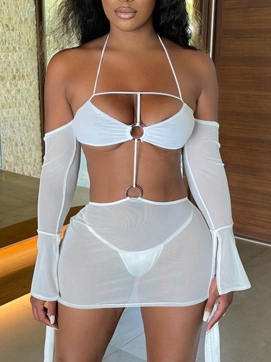 

Lovely Boho See-through Metal Ring Decoration White Cover-up