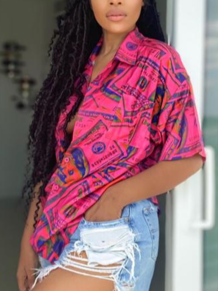 

Lovely Casual Turndown Collar Letter Print Rose Red Blouse