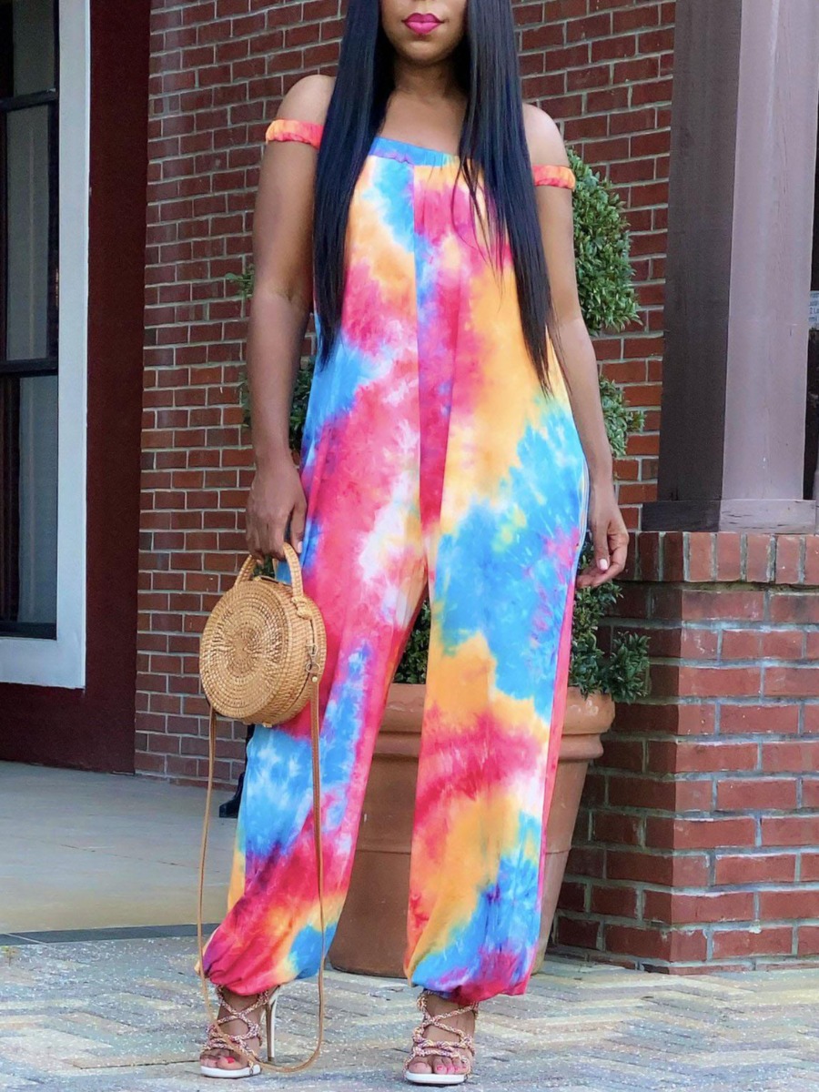 

Lovely Casual Off The Shoulder Tie-dye Multicolor One-piece Jumpsuit, Multi