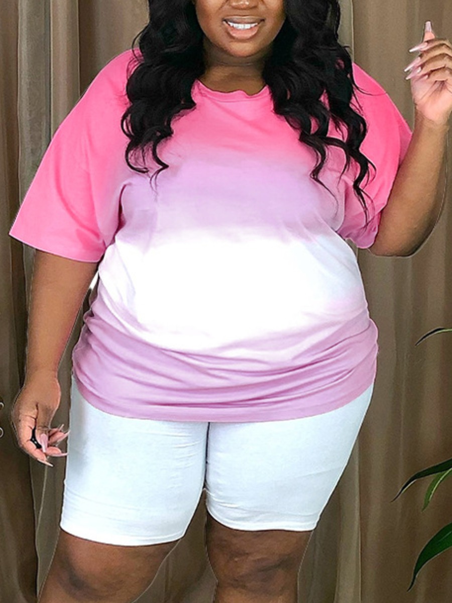 

Lovely Plus Size Casual O Neck Gradient Pink Two-piece Shorts Set