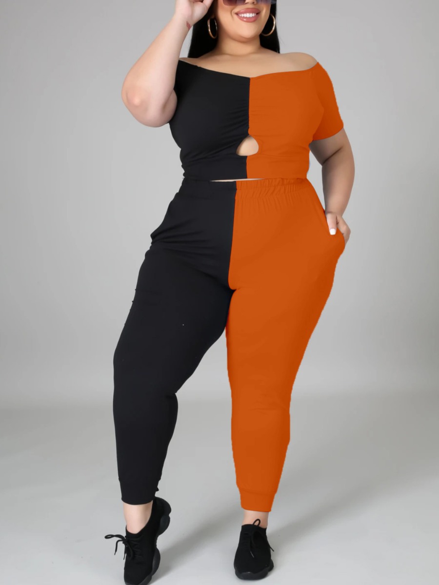 

Lovely Plus Size Casual Off The Shoulder Color-lump Croci Two-piece Pants Set