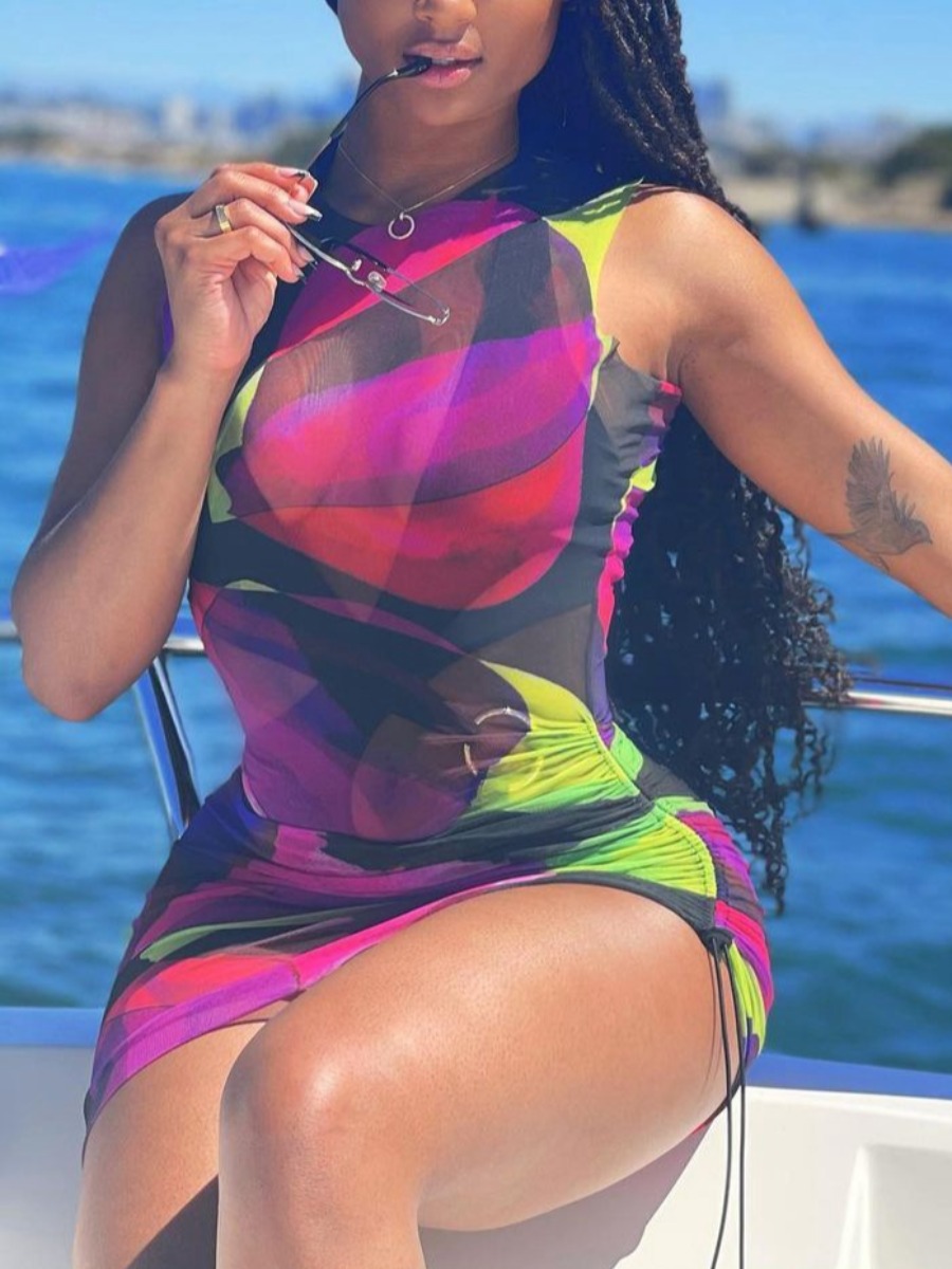 

Lovely Sexy Print See-through Drawstring Pink Mini Dress