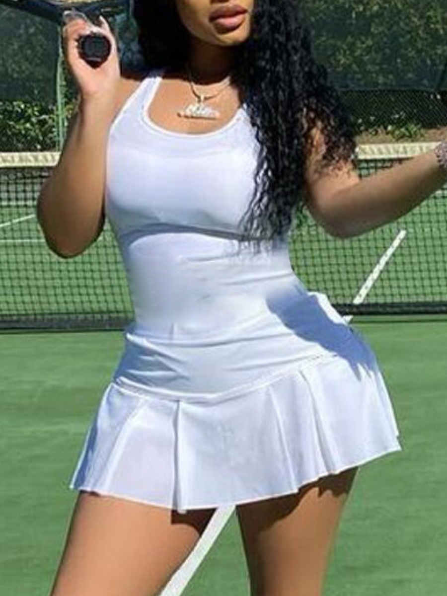 

Lovely Sporty U Neck Flounce Design White Active Mini A Line Dress