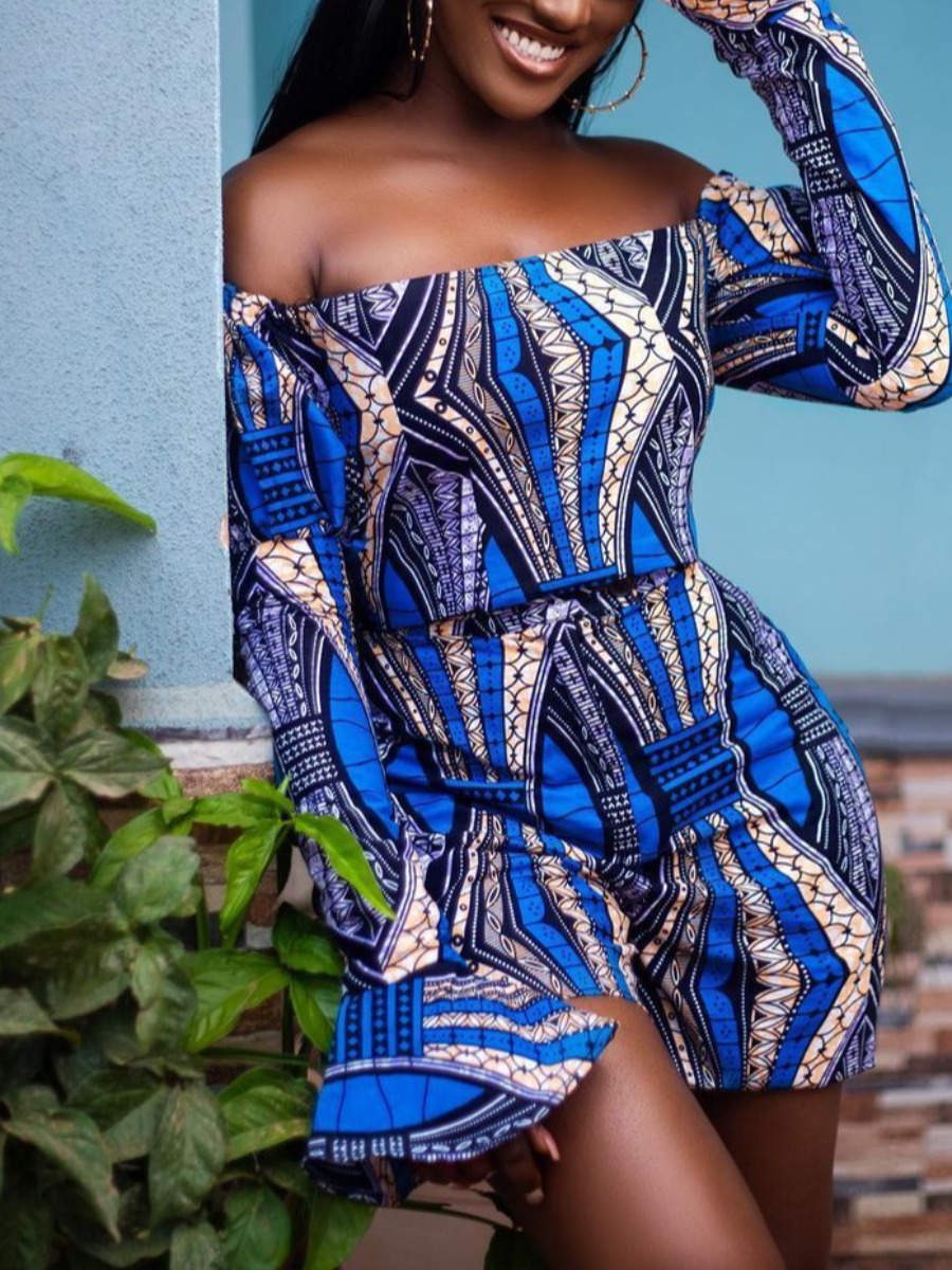 

Lovely Boho Off The Shoulder Print Flared Blue Two Piece Shorts Set