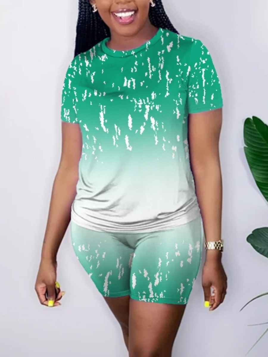 

Lovely Casual O Neck Gradient Green Two Piece Shorts Set