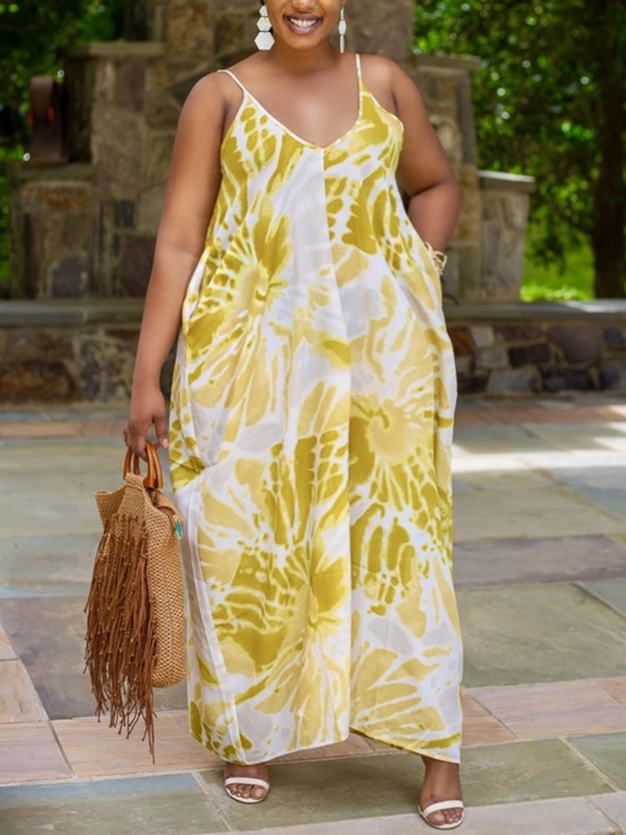 

Lovely Plus Size Casual V Neck Tie-dye Yellow Floor Length Dress