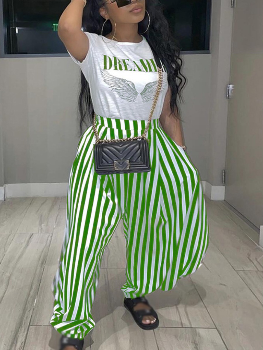 

Lovely Street Letter Print Striped Green Two Piece Pants Set