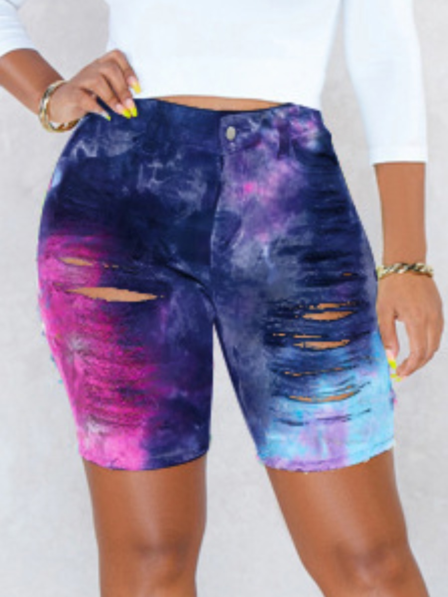 

Lovely Street Tie-dye Ripped Blue Denim Shorts