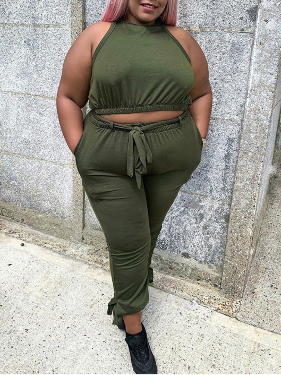

LW Plus Size Casual O Neck Bandage Design Green Two-piece Pants Set