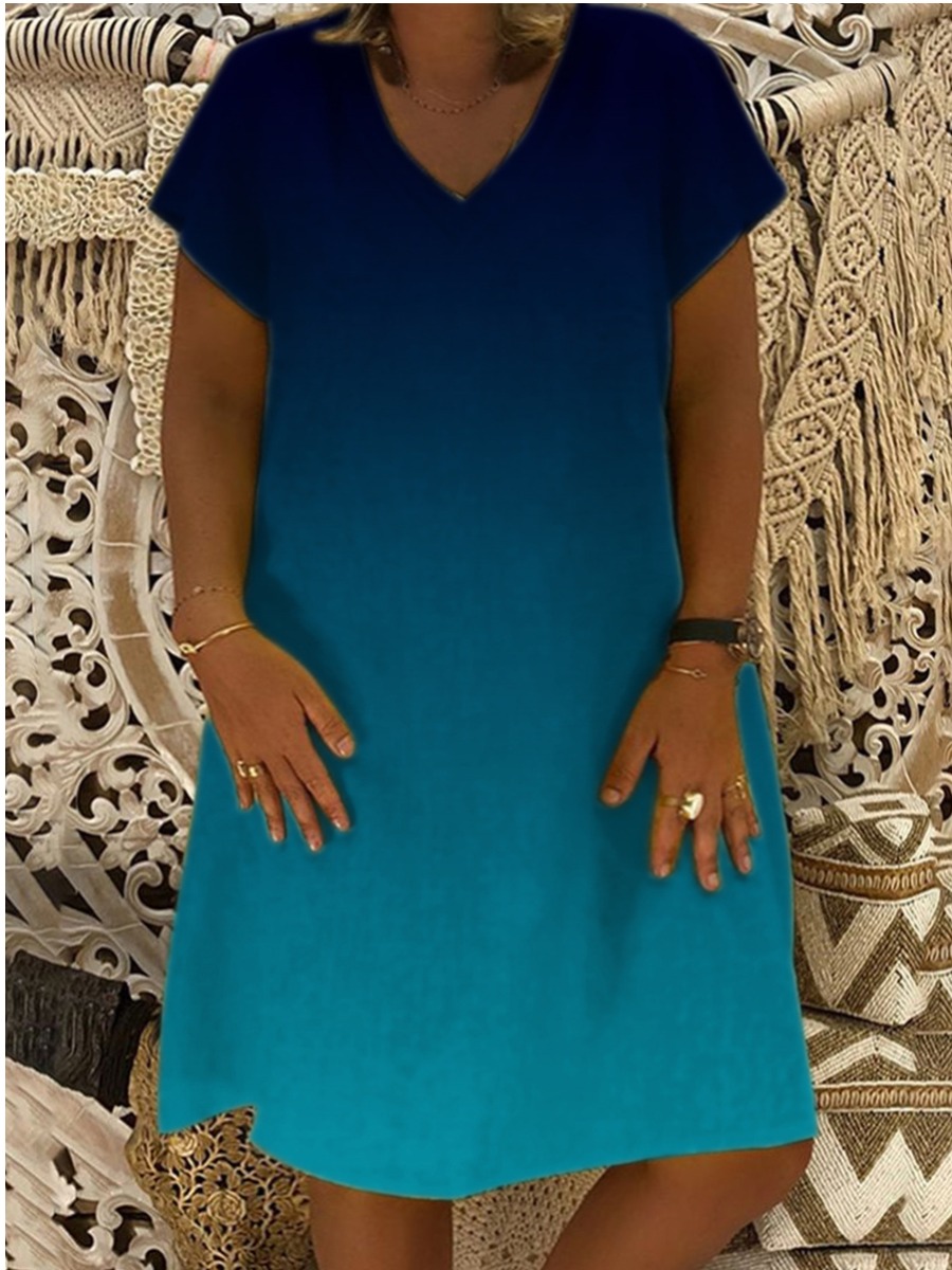 

Lovely Plus Size Casual V Neck Gradient Blue Knee Length Dress