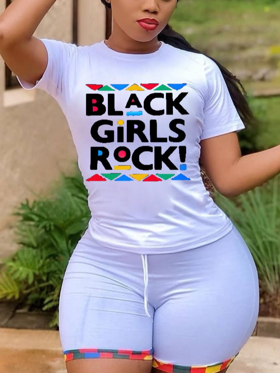 LovelyWholesale Casual Letter Print White Two-piece Shorts Set Summer Short Sleeve Casual Basic Round Neck Spring Summer 2024