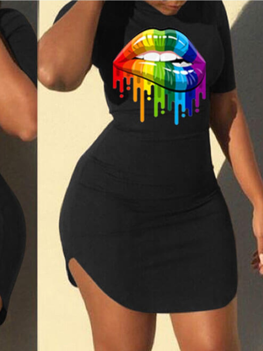 LW Leisure O Neck Lip Print Black Mini Dress