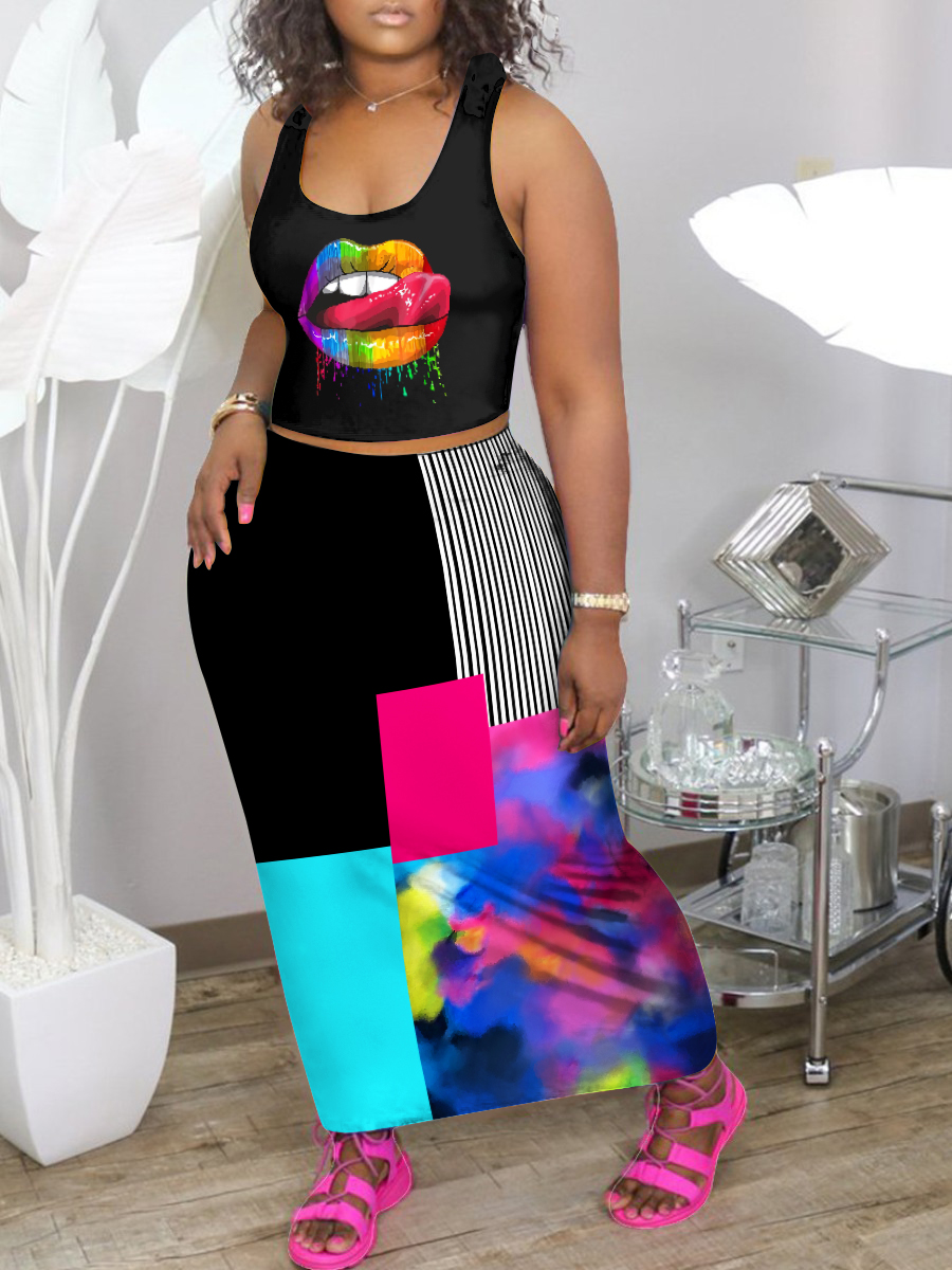 

Lovely Casual Lip Print Tie Dye Black Two Piece Skirt Set