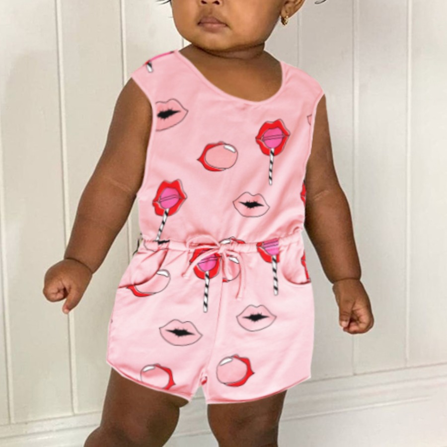 

Lovely Girl Sweet Lip Print Drawstring Pink One-piece Romper
