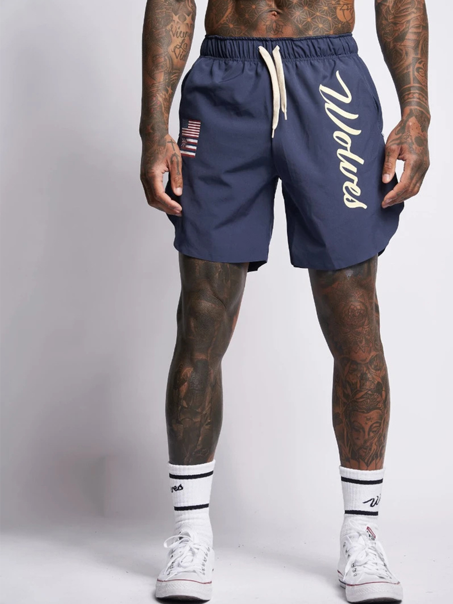 

Lovely Men Sporty Letter Print Drawstring Navy Blue Shorts