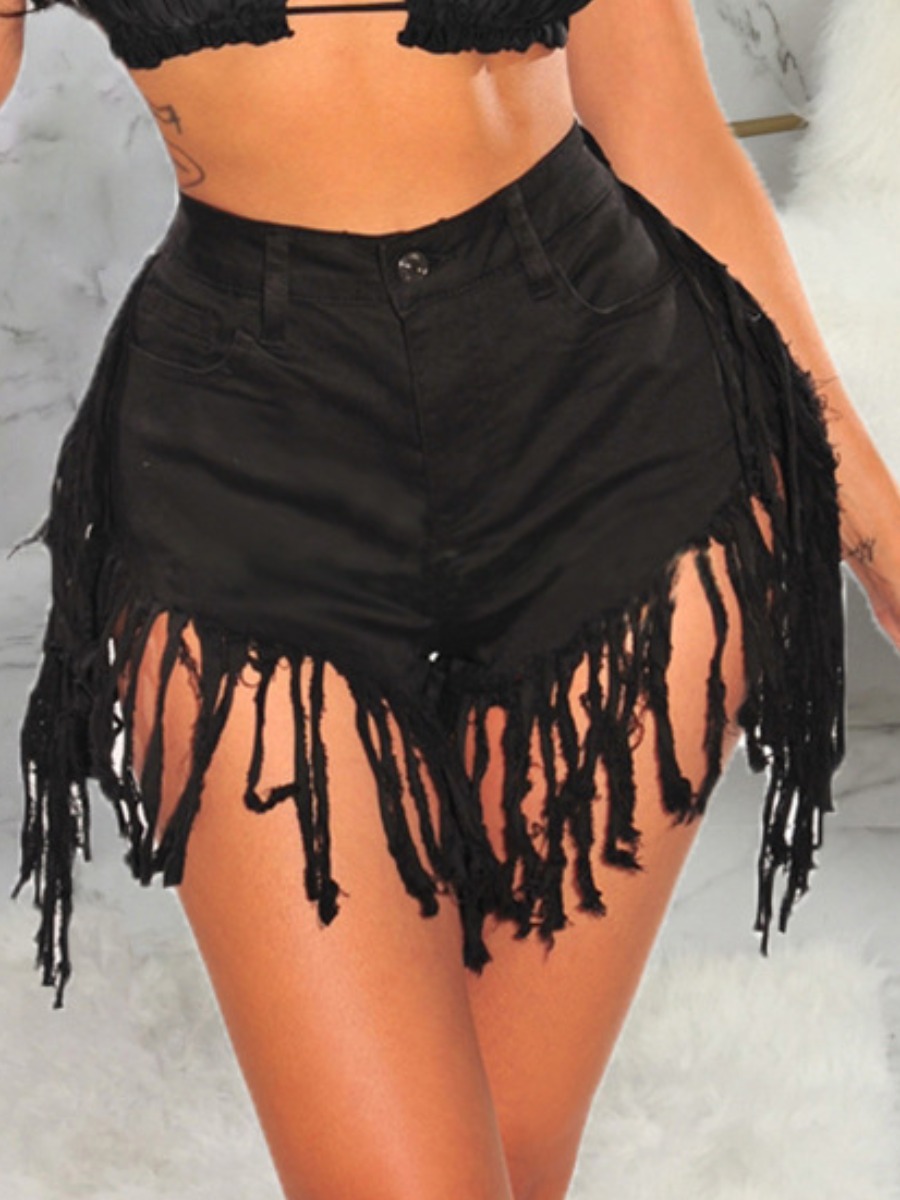 

Lovely Casual High-waisted Tassel Design Black Denim Shorts