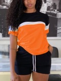 LW Street Color-lump Drawstring Orange Two Piece Shorts Set